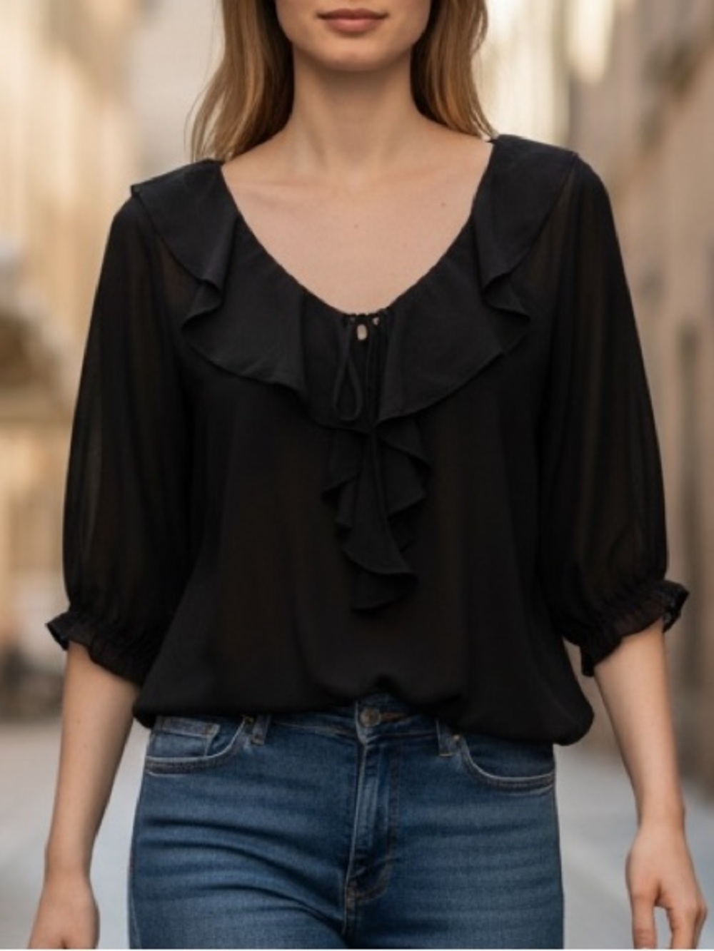 a.n.a Shear Black Chiffon Ruffled V-Neck Blouse with Tie - Size Small EUC